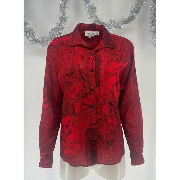 Oval Room Tops - Vintage 80s 90s 100% Wool Red Black Floral Paisley Shirt Blouse 6 OVALROOM USA